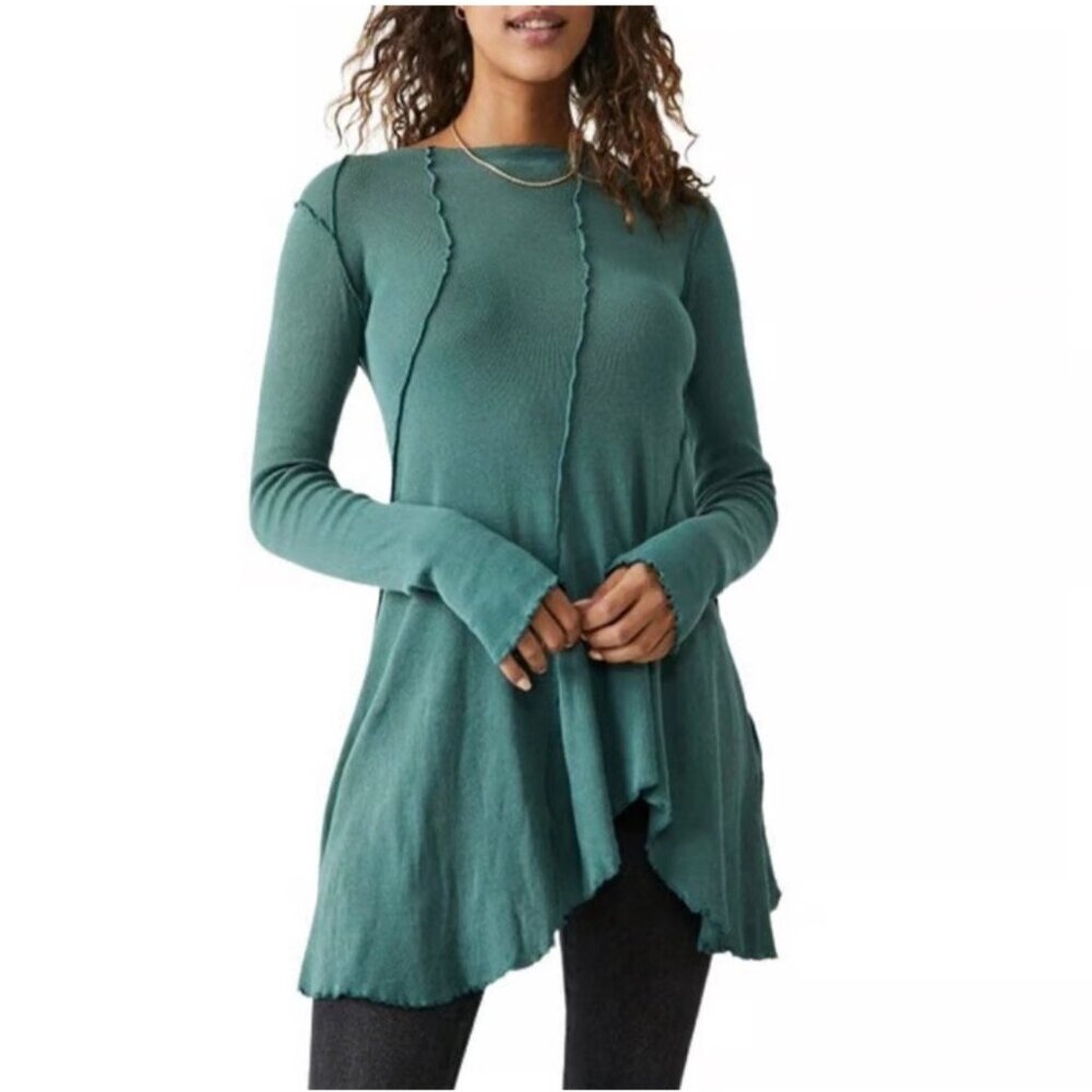 We The Free Full Swing Tunic Top Green Size Small NWOT Raw Edge